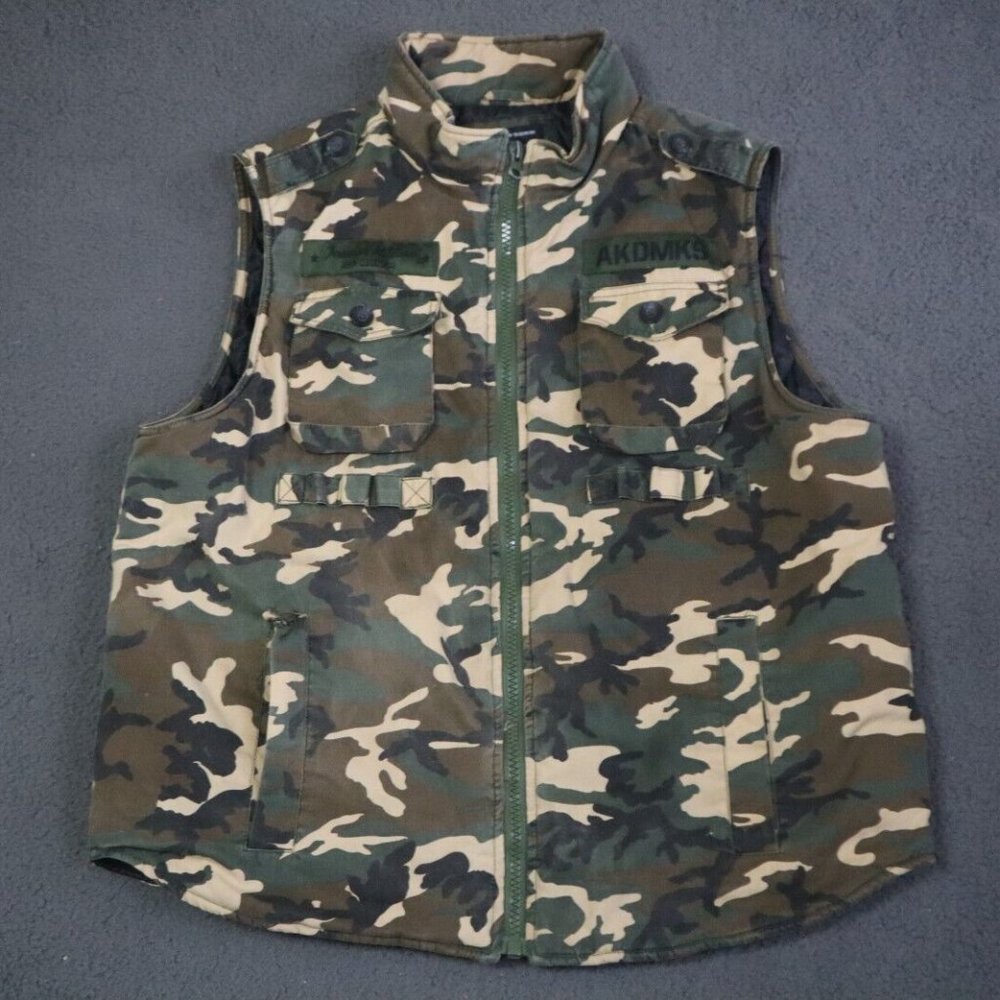Vintage Akademiks Military Vest Mens L Green Camo AKDMKS Graphic Cotton Blend